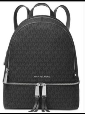Michael Kors Rhea Medium Signature Backpack Handbag Black with Silver Hardware